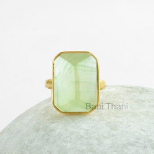925 Sterling Silver Ring, Natural Prehnite 13x18mm Pyramid Gemstone Ring, Micron Gold Plated Ring Jewelry, Christmas Gift, Solitaire Ring