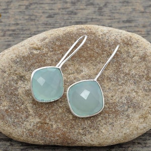Diamond Cut Gemstone Earrings, Aqua Chalcedony 12mm Cushion Bezel Earrings, 925 Sterling Silver Earrings, Hook Earrings, Delicate Earrings