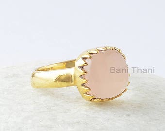 Pink Chalcedony Ring, Pink Chalcedony 10x10mm Cushion Gemstone Ring, Zig Zag Bezel Ring, Sterling Silver Ring, Designer Ring, Gift For Women