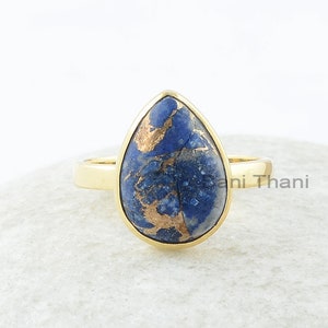 Copper Lapis Lazuli Ring - 10x14mm Pear Gemstone - Sterling  - Gold Plated - Manmade Jewelry - Gift for Writer - Jewelry for Young Mom