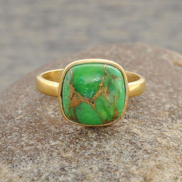 Green Copper Turquoise Ring - 10mm Cushion  - 925 Pure Silver - Gold Plated Ring - Gemstone Jewelry - Jewelry for Womens - Gift for Brides
