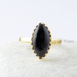 Black Onyx Gemstone Zig Zag Ring - 925 Sterling Silver Bezel Ring - 18k Gold Plated Ring for Women - Marquise Gemstone Ring - Gift for Her