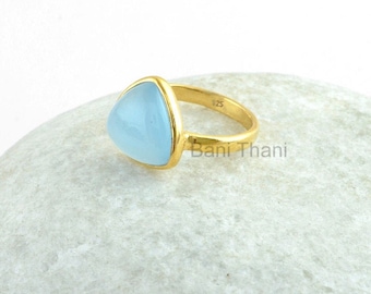 Beautiful Ring, Blue Chalcedony 11mm Trillion Gemstone Ring, 925 Sterling Silver Gold Plated Bezel Ring, Anniversary Gift Ring, Dainty Ring