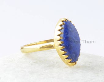 Lapis Silver Ring, Lapis Lazuli 8x16mm Marquise 18k Gold Plated Gemstone Ring, 925 Sterling Silver Ring, Zig Zag Bezel Ring, Gift For Wife