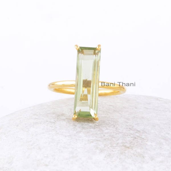Green Amethyst Quartz Ring - Gold Plated Ring - 6x18mm Baguette Gemstone Ring - Sterling Silver Ring - Christmas Gift - Jewelry for Womens
