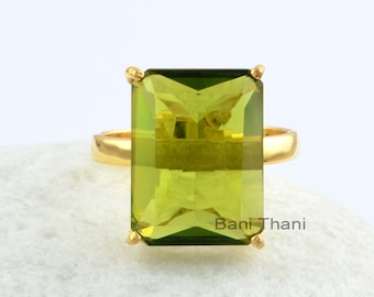 Beautiful Peridot Quartz Rectangle Gemstone Prong Set Ring - 925 Gold Filled  Gold Plated Ring - Birthday Gift Ring - Christmas Gift Ring