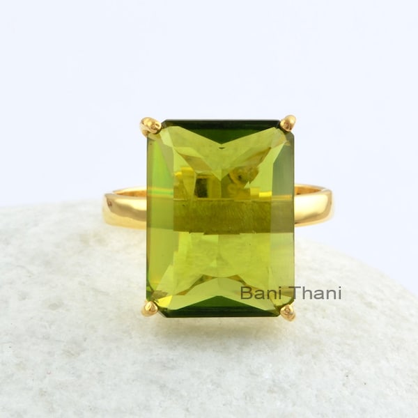 Beautiful Peridot Quartz Rectangle Gemstone Prong Set Ring - 925 Sterling Silver Gold Plated Ring - Birthday Gift Ring - Christmas Gift Ring