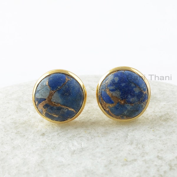 Copper Lapis Lazuli Stud Earrings - Pure Silver - Handcrafted Studs - 9mm Round - Party Jewelry - Gift For Lover -Jewelry For Grand Daughter