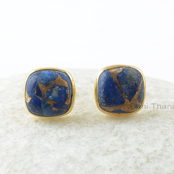 Copper Lapis Stud Earrings - 925 Silver Earrings - Handmade Cushion Studs - Fashion Jewelry Earrings - Gift For Besties - Jewelry For Sister