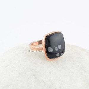 Obsidian Ring - Snowflake Gemstone Ring - 925 Solid Silver Ring - Rose Gold Ring - Ring For Women - Gift for Her - Boho Ring - 12mm Cushion