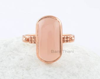 Pink Chalcedony Ring-Pink Chalcedony 9x16mm Rounded Rectangle Sterling Silver Ring-Rose Gold Plated Ring-Gemstone Ring-Handmade Ring