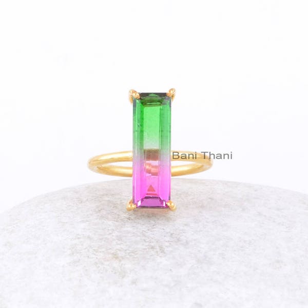 Designer Pastèque Tourmaline Bi Doublet Quartz-Micron Plaqué Or Bague-Argent Sterling Bague-Baguette 6x18 mm Bague-Gemstone Ring