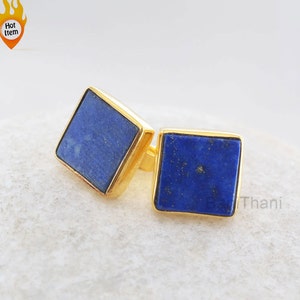 Belle Véritable Bleu Lazuli Lapis Plat Stud 10mm Micron Plaqué Or 925 Sterling Argent Boucle D&#39;oreille Bijoux - # 1684