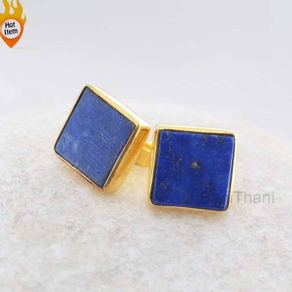 Lapis Lazuli Stud Earrings - Sterling Silver - 9mm Flat Square - Rose Gold Studs - Jewelry Manufacturer - Gift For Her - Jewelry For Healing