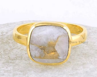 White Calcite Ring-Copper White Calcite 10x10mm Cushion Sterling Silver Ring-18k Gold Plated Ring-Gemstone Ring