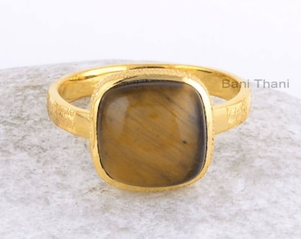 Tiger Eye Ring-Tiger Eye Cushion 10x10mm Sterling Silver Ring-Gold Plated Ring-Gemstone Ring-925 Silver Ring-Gift For Mom