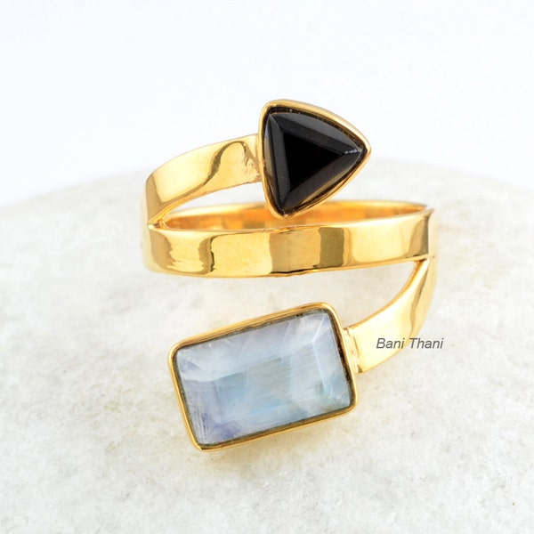 Black Onyx Ring-Black Onyx and Rainbow Moonstone Ring, Handmade 925 Sterling Silver Gold Plated Ring, 6x10mm Octagon, 6mm Trillion Gemstone