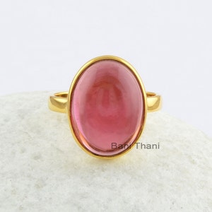 Bague Quartz Tourmaline Rose-Micron Plaqué Or-925 Bague Anneau-Ovale En Argent Sterling 12x16 mm Bague-Belle Bague pour Femme