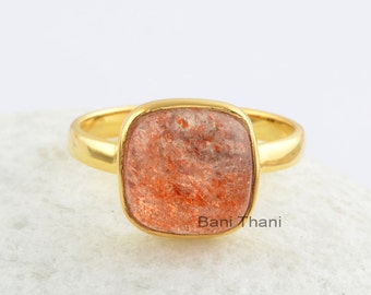Sunstone Cushion 10x10 mm Gold Plated Sterling Silver Engagement Bezel Setting Gemstone Ring, Sterling Silver Burnt Orange Sunstone Ring