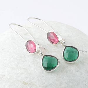 Pink Tourmaline Earrings, Pink Tourmaline Marquise  7x10mm & Teal Quartz Heart  10x10mm Sterling Silver Earrings, Dangle Earrings