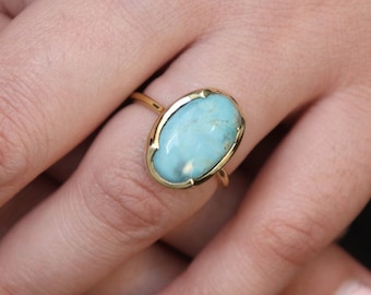 Turquoise Oval Ring, Arizona Turquoise 10x16mm Oval Shape Gemstone Silver Ring, 18k Gold Plated Birthstone Ring, Anniversary Gift For Wife