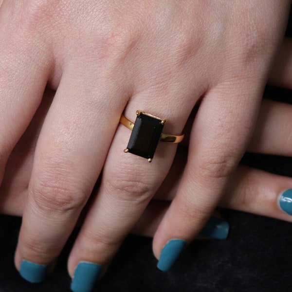 Zwarte Onyx Ring - Massief Zilver - Vergulde Ring - 8x12mm Facet Rechthoek - Mode-sieraden - Sieraden voor Inspiratie - Cadeau voor haar