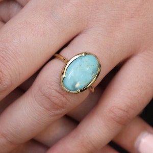 Turquoise Oval Ring, Arizona Turquoise 10x16mm Oval Shape Gemstone Silver Ring, 18k Gold Plated Birthstone Ring, Anniversary Gift For Wife