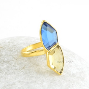 Lemon Quartz Ring-Sapphire & Lemon Quartz 9x13mm Nugget Cut 925 Sterling Silver Ring-18k Gold Plated Ring-Engagement Gift-Gift For Her