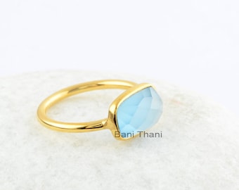 Blue Chalcedony Cushion Gemstone Ring - 18k Gold Plated Sterling Silver Ring - Anniversary Gift Ring for Wife - Statement Ring -Gift for Her