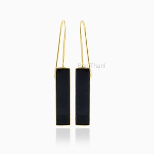 Schwarzer Onyx Ohrringe-Schwarzer Onyx 7 x 30 mm Rechteck Edelstein Silber Ohrringe-Dangle Drop Ohrringe-Gold überzogene Ohrringe-Frauen Schmuck