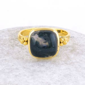 Moss Agate Ring-Moss Agate 10x10mm Cushion Sterling Silver Ring-Gold Plated Bezel Ring-Agate Ring-Gift For Bride, Birthstone Ring For Women