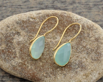 Aqua Chalcedony Faceted Marquise Gemstone Bracelet Micron Gold Plated Sterling Silver Bangle 7x14mm #1420