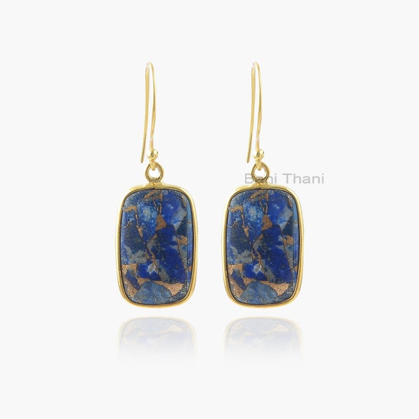 Lapis Lazuli Earrings-Copper Lapis Lazuli 14x20mm Cushion Gemstone Earrings-Sterling Silver Earrings-Drop Gemstone Earrings-Gift for Wife