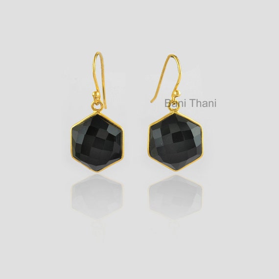 Gold Hexagon Long Earrings with Faceted popular Black Onyx