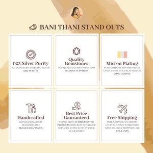 Puede incluir: Un gr&aacute;fico con nueve cuadrados, cada uno destacando un beneficio diferente de comprar en Bani Thani. Los beneficios incluyen la pureza de la plata 925, piedras preciosas de calidad, chapado en micras, hecho a mano, el mejor precio garantizado y env&iacute;o gratuito.