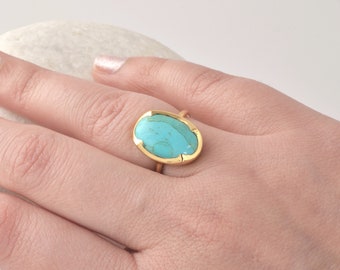 Arizona Turquoise Ring, Oval Turquoise Ring, 18K Gold Plated   Ring, December Birthstone Gift for Her, Gift For Wife