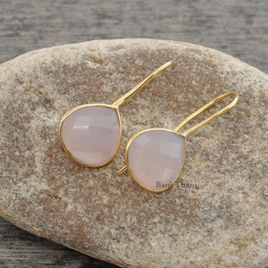 Herz Ohrring, Rosa Chalcedon 12 mm Herz Edelstein Baumeln Ohrring, Mikron Vergoldete Ohrring, 925 Silber Ohrring, Rosa Herz Ohrringe