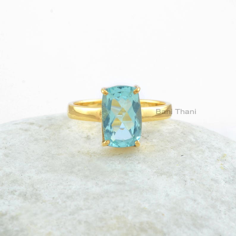 Aqua Quartz Ring-Aqua Quartz 7x11mm Rectangle Sterling Silver Gemstone Ring-18k Gold Plated Ring-Silver Ring-Gemstone Jewelry-Gift For Her image 1