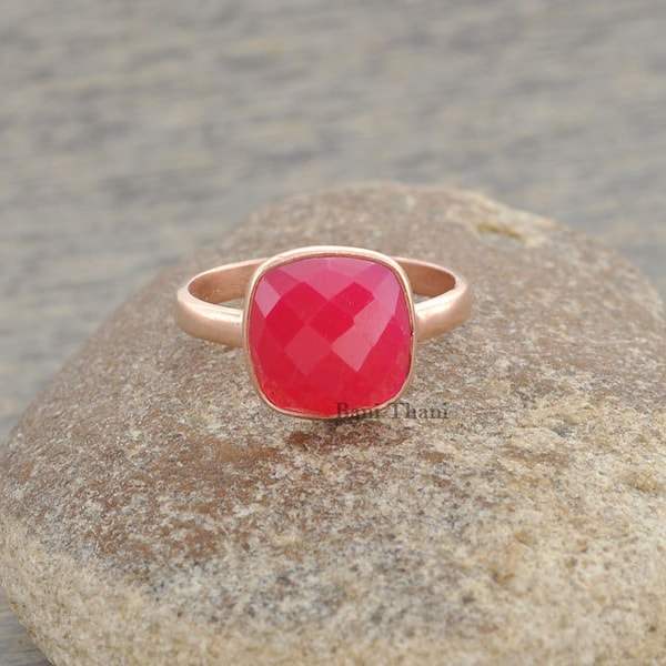 Hot Pink Chalcedony Ring, Hot Pink Chalcedony 10mm Cushion Bezel Ring, Rose Gold Plated 925 Sterling Silver Ring, Hot Pink Ring For Women