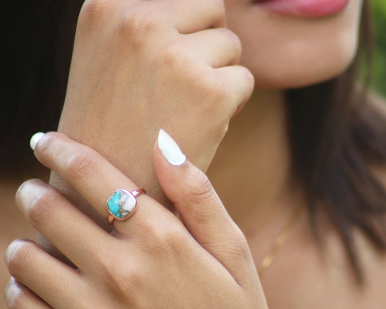 Turquoise Ring 925 Silver Pink Opal Copper Turquoise Cushion Ring Rose Gold Plated Ring Sterling Silver Ring, Mojave Turquoise Ring image 7