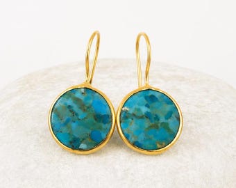 Arizona Turquoise Drop Earrings, December Birthstone Earrings, 15mm Round Gemstone Dangle Earrings, 18K Gold Plated Gift for Her