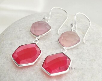 Pink Chalcedony Drop Earrings, Chalcedony Cushion and Hexagon Gemstone Earrings, 925 Gold Filled  Dangle Earring, Wedding Gift Earrings