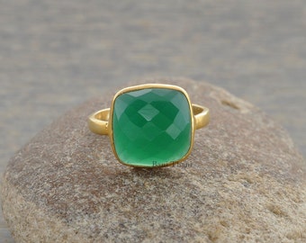 Green Onyx 10mm Cushion Gemstone Ring-925 Sterling  Gold Plated Ring-Birthstone Ring-Delicate Ring-Statement Ring, Handmade Gift Ring
