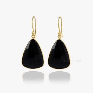 Oorbellen met zwarte onyx, oorbellen met triljoen edelsteen van zwarte onyx (16 x 24 mm), hangende oorbellen, vergulde oorbellen, damessieraden afbeelding 1