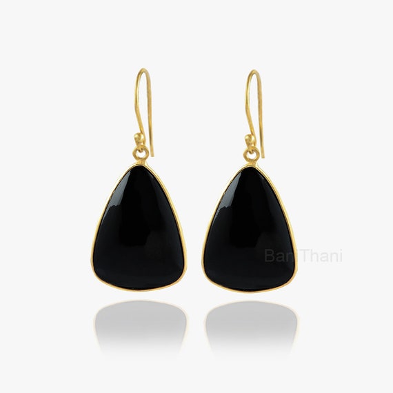 Black Onyx Earrings, Black Onyx 16x24mm Trillion Gemstone  Earrings, Dangle Drop Earrings, Gold Plated Earrings, Women Jewelry