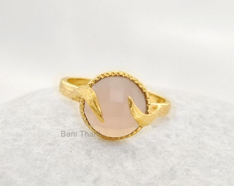 Designer Chalcedony Ring, Pink Chalcedony 10mm Faceted Round Gemstone Ring, 925 Sterling Silver Ring Jewelry,18k Gold Plated Bezel Gift Ring