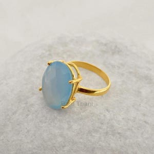 Hemelsblauw Chalcedoon ovaal - handgemaakte prongring - micron verguld 925 sterling zilveren ring sieraden - ovaal 13 x 18 mm ring - # 1067