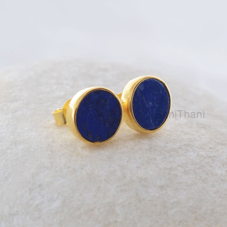 Lapis Lazuli Stud Earrings 925 Pure Silver Handcrafted Studs 9mm Flat Round Fashion Jewelry Gift For Old Women Jewelry For Lady image 2