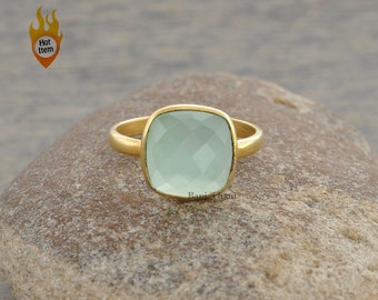 Aqua Chalcedony Ring - 12mm Cushion Gemstone Ring - 925 Silver Ring - Gold Plated Ring - Statement Ring - Gift for Her - Engagement Ring