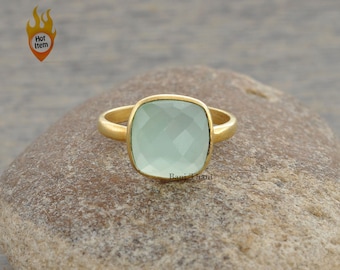 Aqua Chalcedony Ring - 12mm Cushion Gemstone Ring - 925 Silver Ring - Gold Plated Ring - Statement Ring - Gift for Her - Engagement Ring